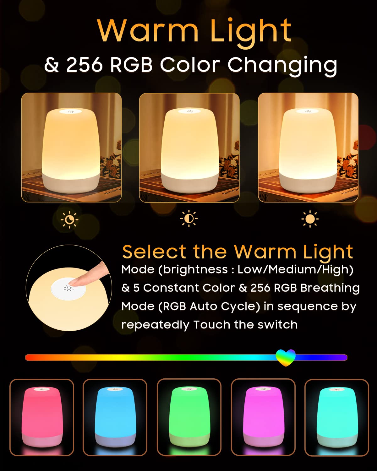 LED Nachttischlampe Touch Dimmbar mit 256 RGB Farben & 3 Modi, Nachtlicht Kinder USB Aufladbar mit Timing & Memory
