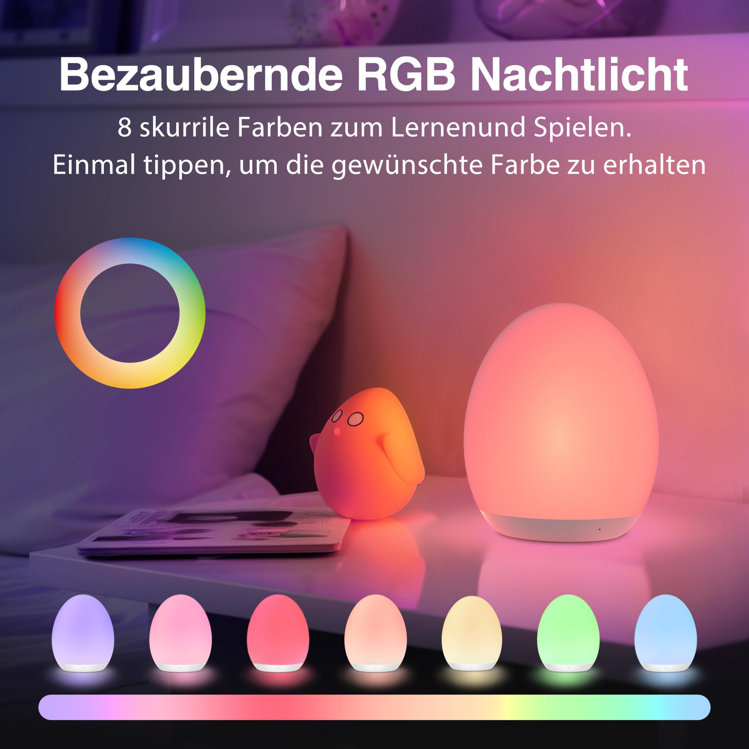 JolyWell Nachtlicht Kinder, Nachtlicht Baby mit 8 Farbwechselmodi und Dimmfunktion, Wiederaufladbares Baby Nachtlicht