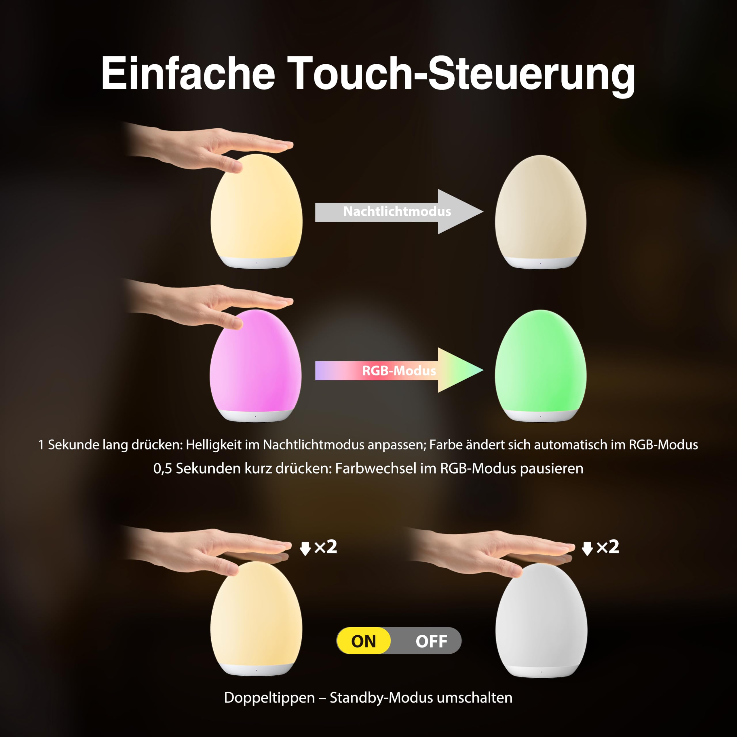 JolyWell Nachtlicht Kinder, Nachtlicht Baby mit 8 Farbwechselmodi und Dimmfunktion, Wiederaufladbares Baby Nachtlicht