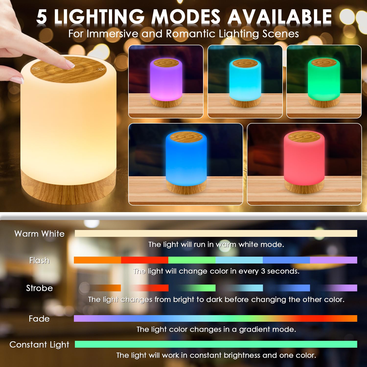 Auxmir Nachtlicht Nachttischlampe Touch Dimmbar mit 256 RGB Farben 5 Modi, 3000mAh Tischlampe Kabellos USB Aufladbar