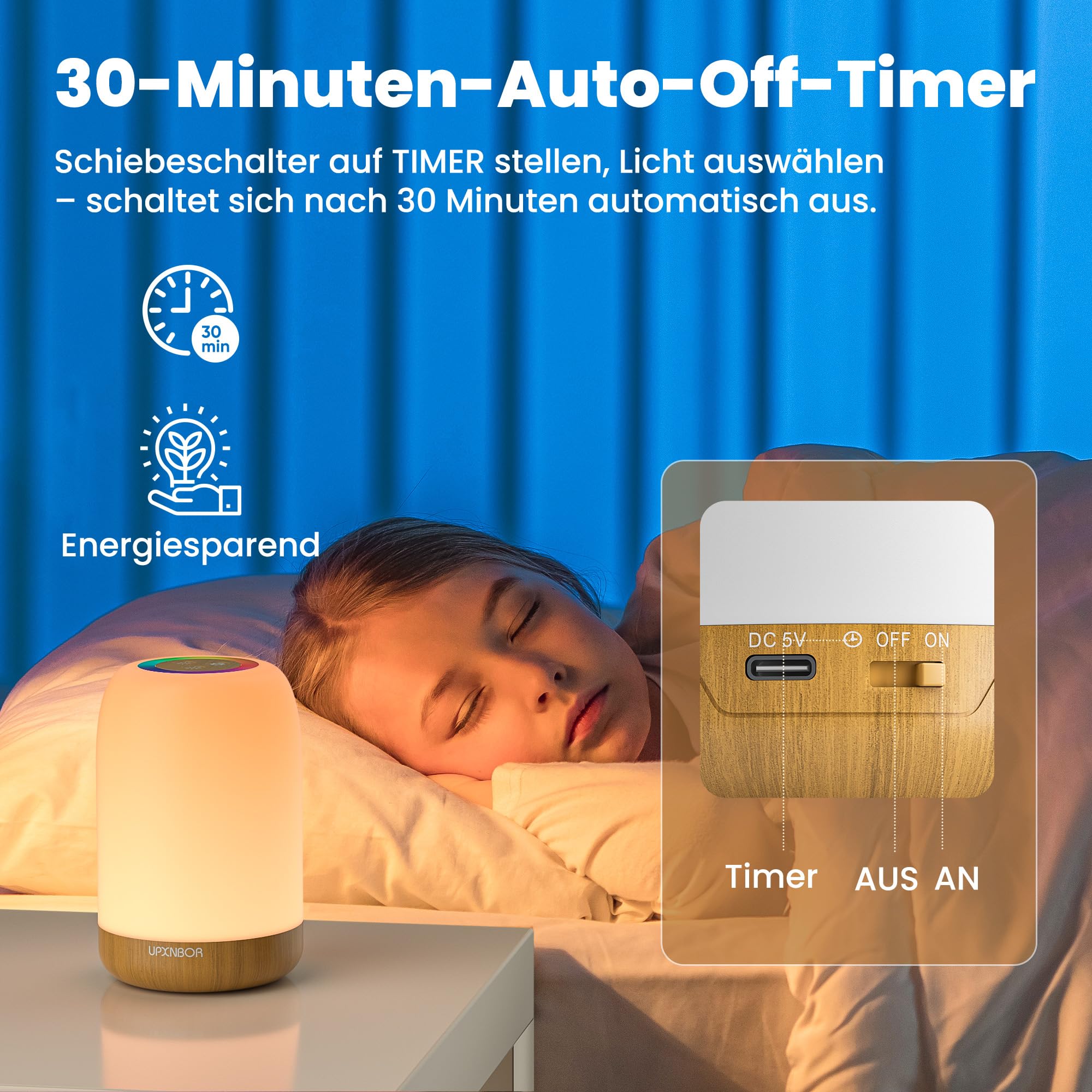 UPXNBOR LED Nachttischlampe Touch Dimmbar mit 256 RGB Farben & 4 Modi, Tischlampe Kabellos mit Timer & Haken