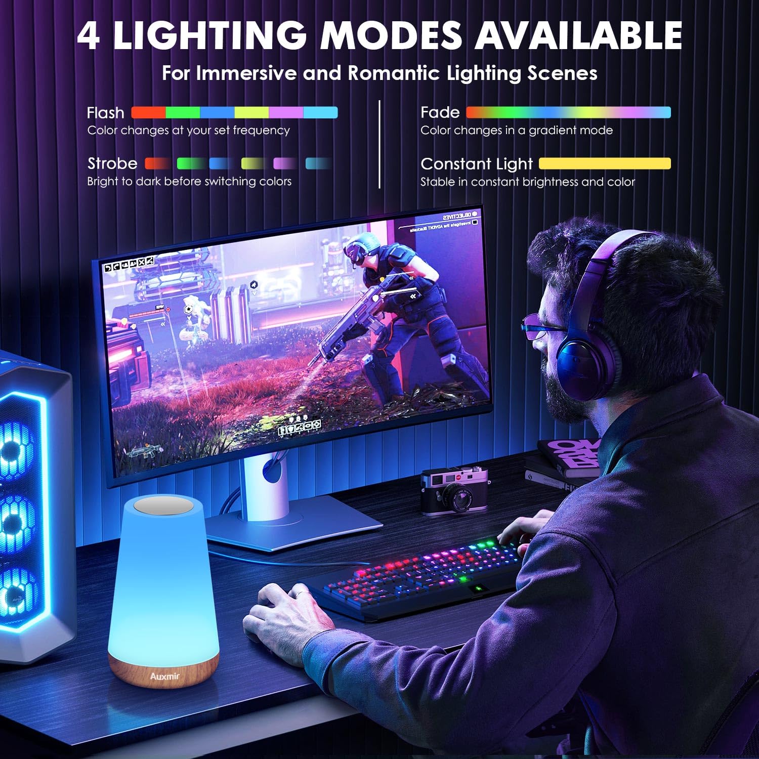 Auxmir Nachttischlampe 2500mAh 13 Farben 5 Modi, Nachtlicht Kinder mit Timing Funktion, LED Tischlampe USB Aufladbar