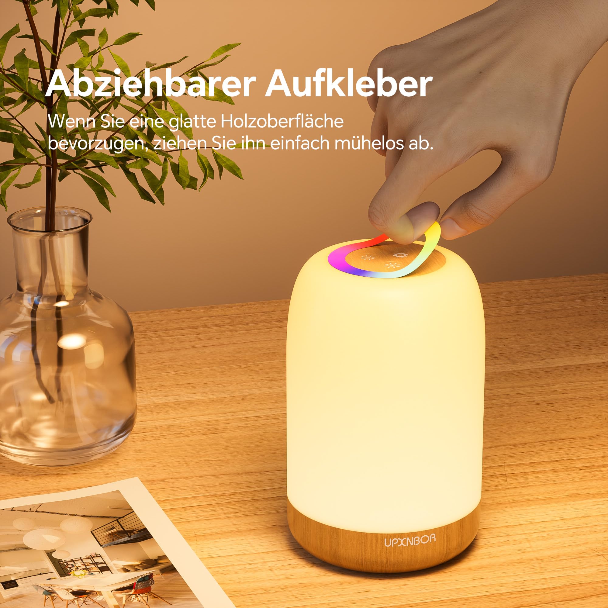 UPXNBOR LED Nachttischlampe Touch Dimmbar mit 256 RGB Farben & 4 Modi, Tischlampe Kabellos mit Timer & Haken