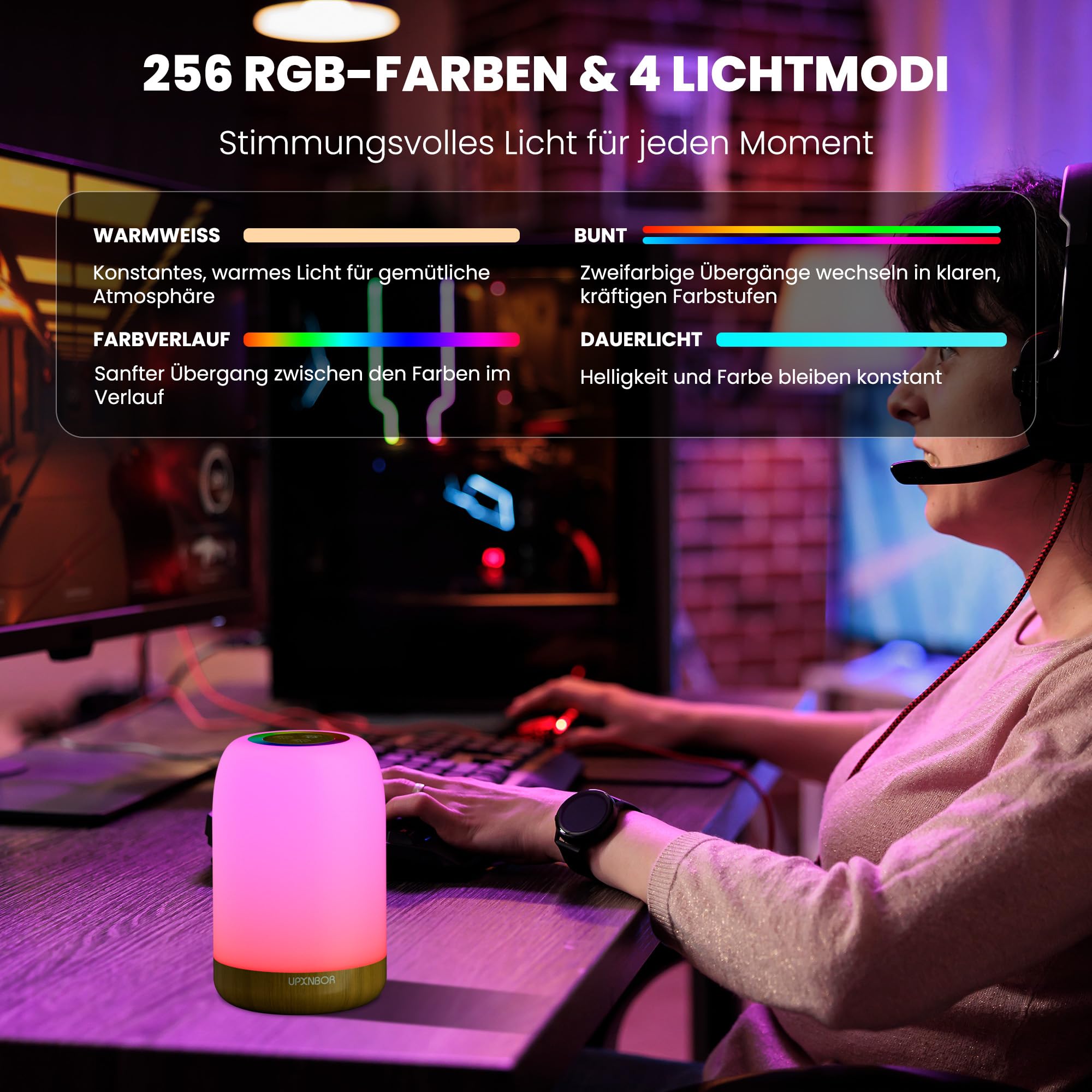 UPXNBOR LED Nachttischlampe Touch Dimmbar mit 256 RGB Farben & 4 Modi, Tischlampe Kabellos mit Timer & Haken