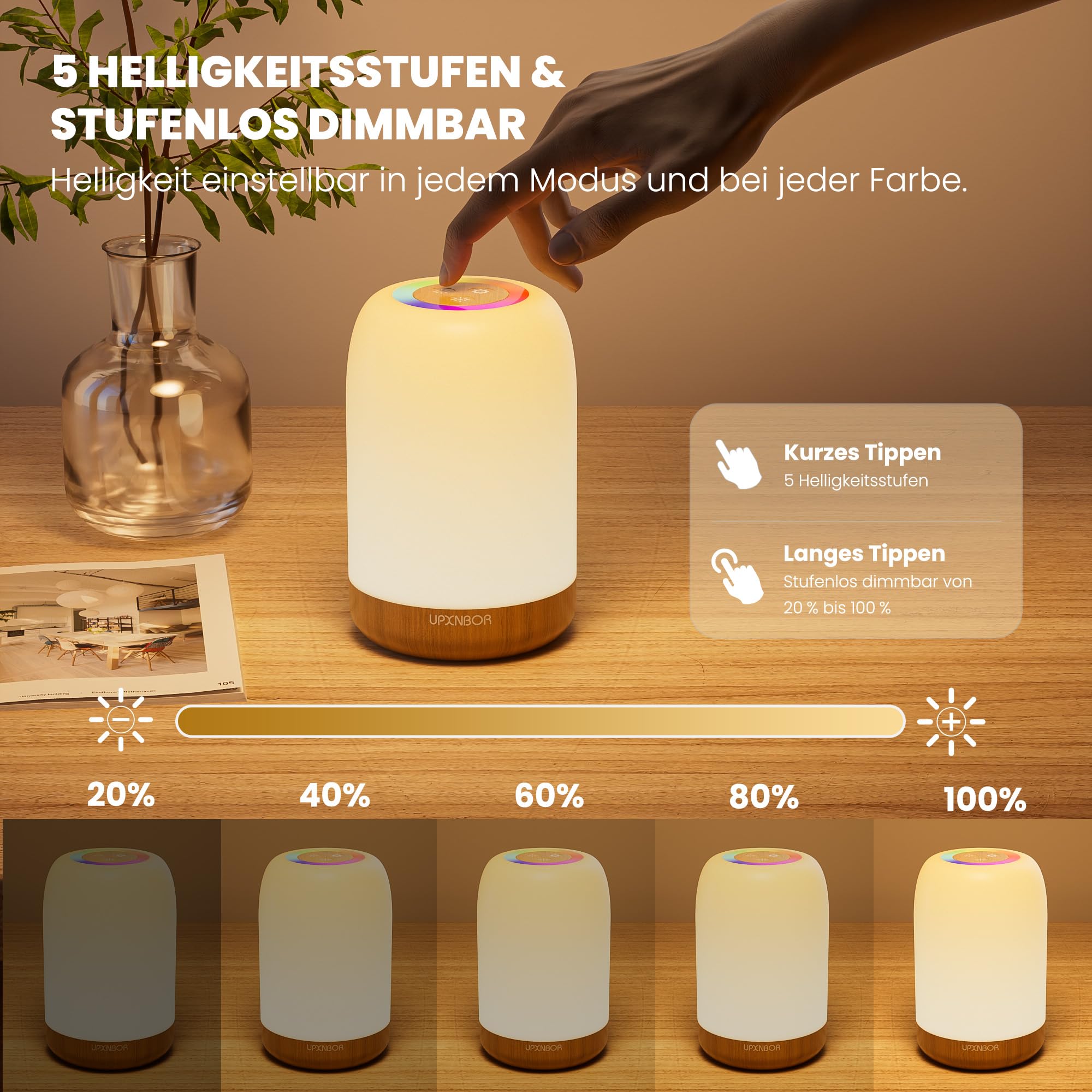UPXNBOR LED Nachttischlampe Touch Dimmbar mit 256 RGB Farben & 4 Modi, Tischlampe Kabellos mit Timer & Haken