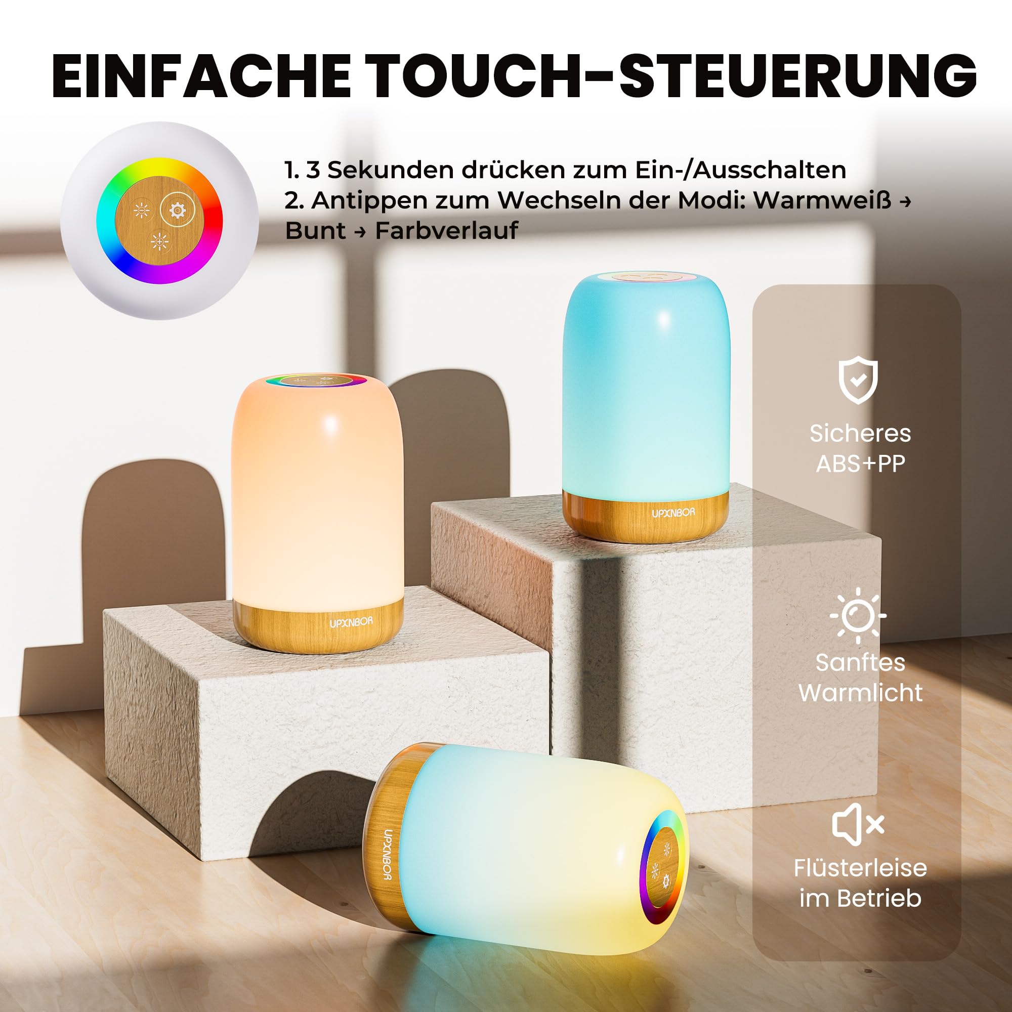 UPXNBOR LED Nachttischlampe Touch Dimmbar mit 256 RGB Farben & 4 Modi, Tischlampe Kabellos mit Timer & Haken