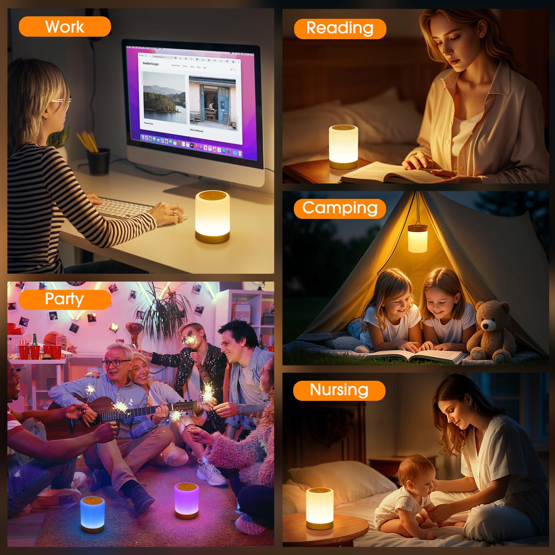 Nachttischlampe Touch Dimmbar, 4 Modi & 256 RGB Farbwechsel Warmes LED Nachtlicht Kinder, USB Aufladbar Stilllicht