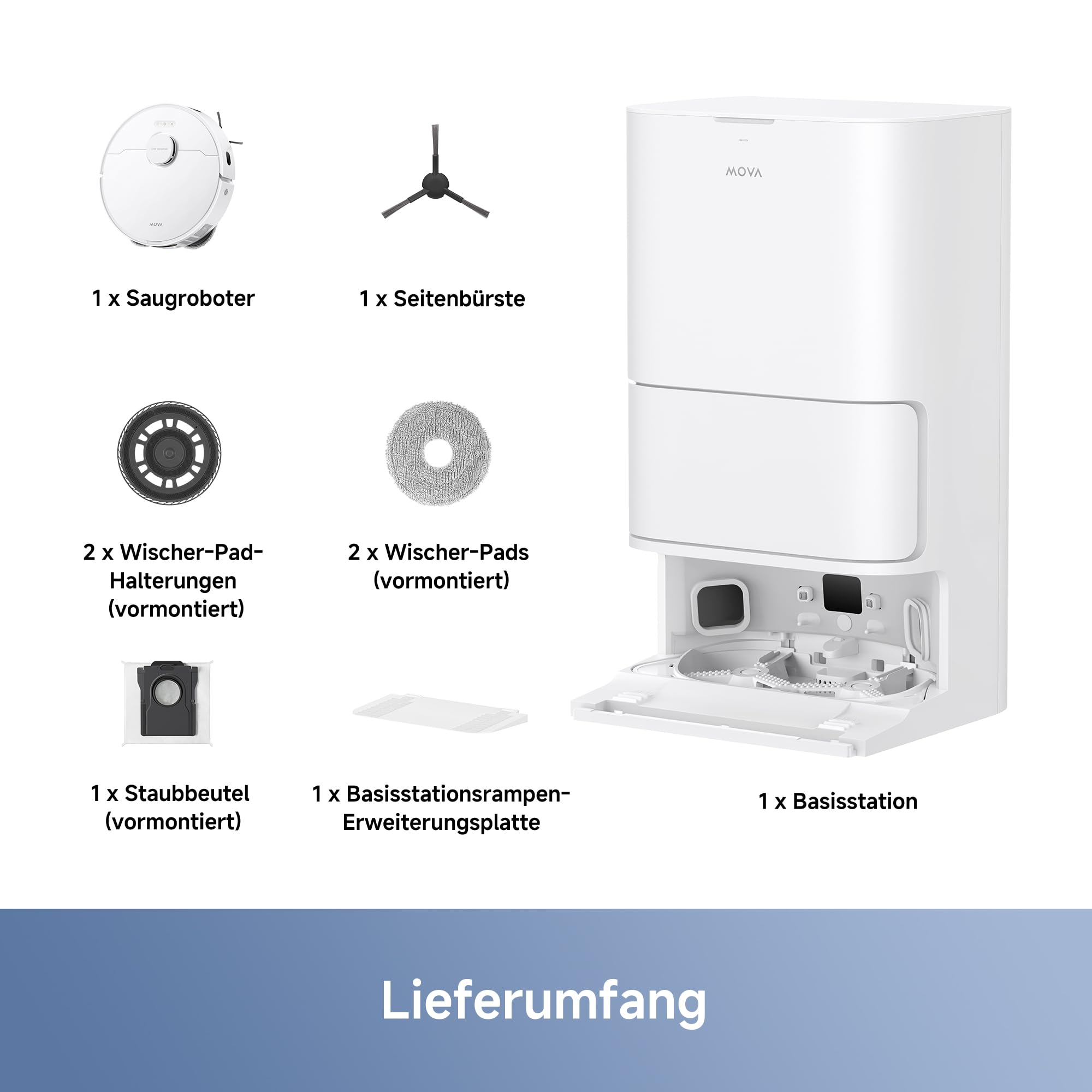 Mova E30 Ultra Saugroboter mit Wischfunktion, 7000Pa, 10,5mm Mop-Anhebung, Ultraschall-Teppicherkennung, Robo Swing, Selbstentleerung