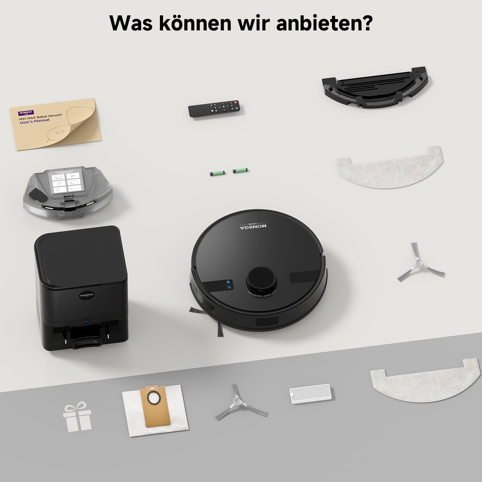MONSGA Saugroboter mit Wischfunktion, 5000Pa, 3,5L Absaugstation, 180Min Laufzeit, LiDAR Navigation, Ideal für Teppiche, Tierhaare & Böden