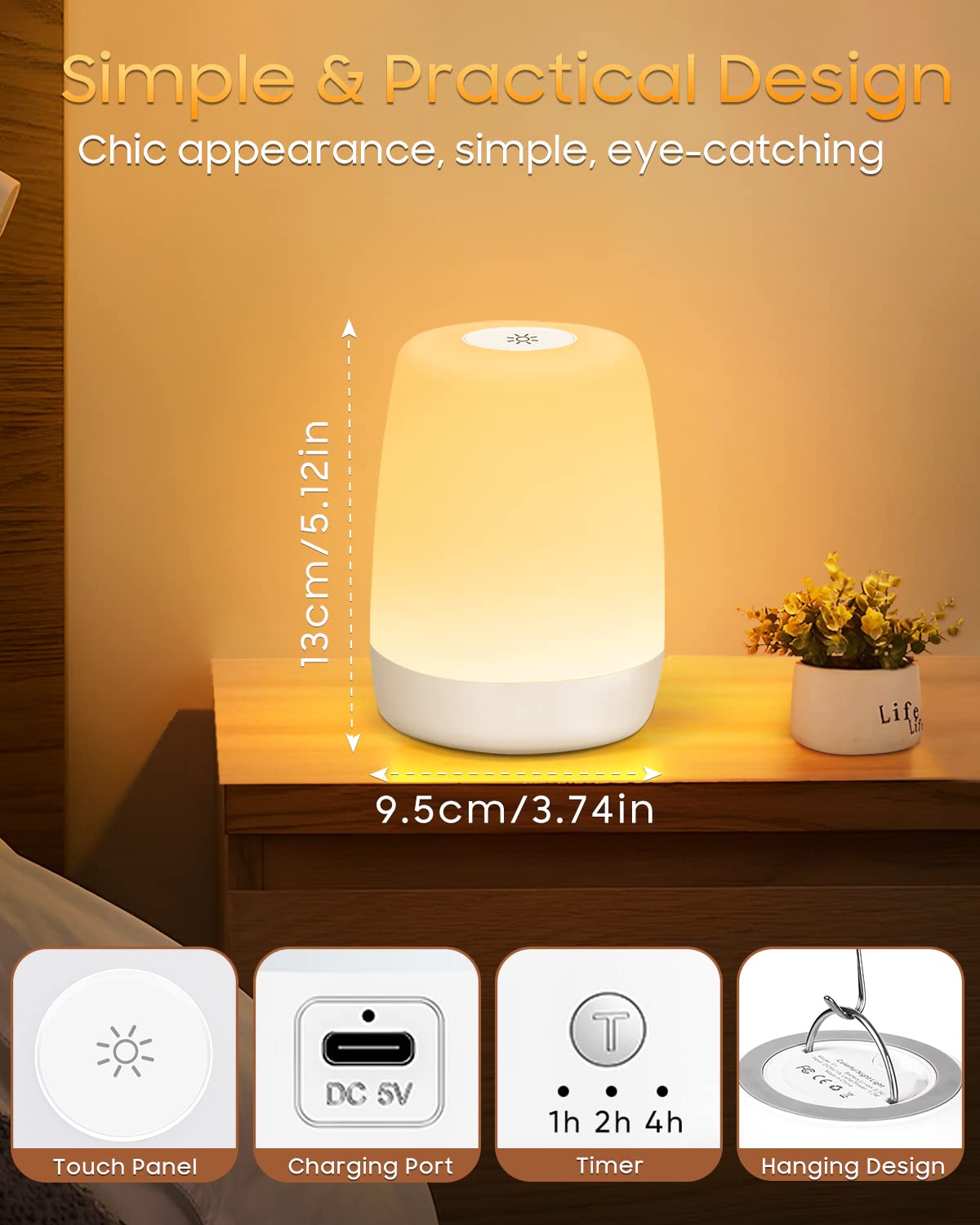 LED Nachttischlampe Touch Dimmbar mit 256 RGB Farben & 3 Modi, Nachtlicht Kinder USB Aufladbar mit Timing & Memory