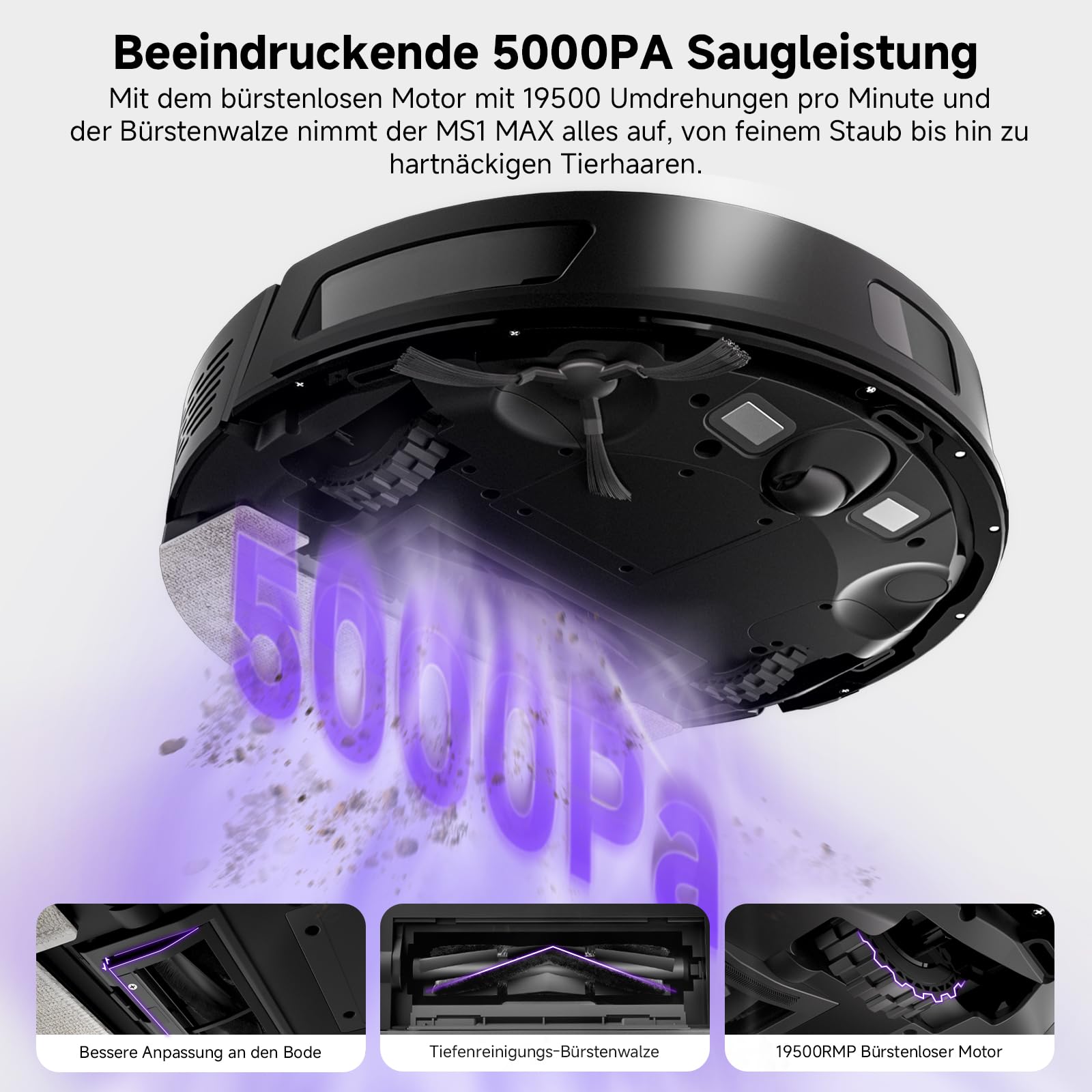 MONSGA Saugroboter mit Wischfunktion, 5000Pa, 3,5L Absaugstation, 180Min Laufzeit, LiDAR Navigation, Ideal für Teppiche, Tierhaare & Böden