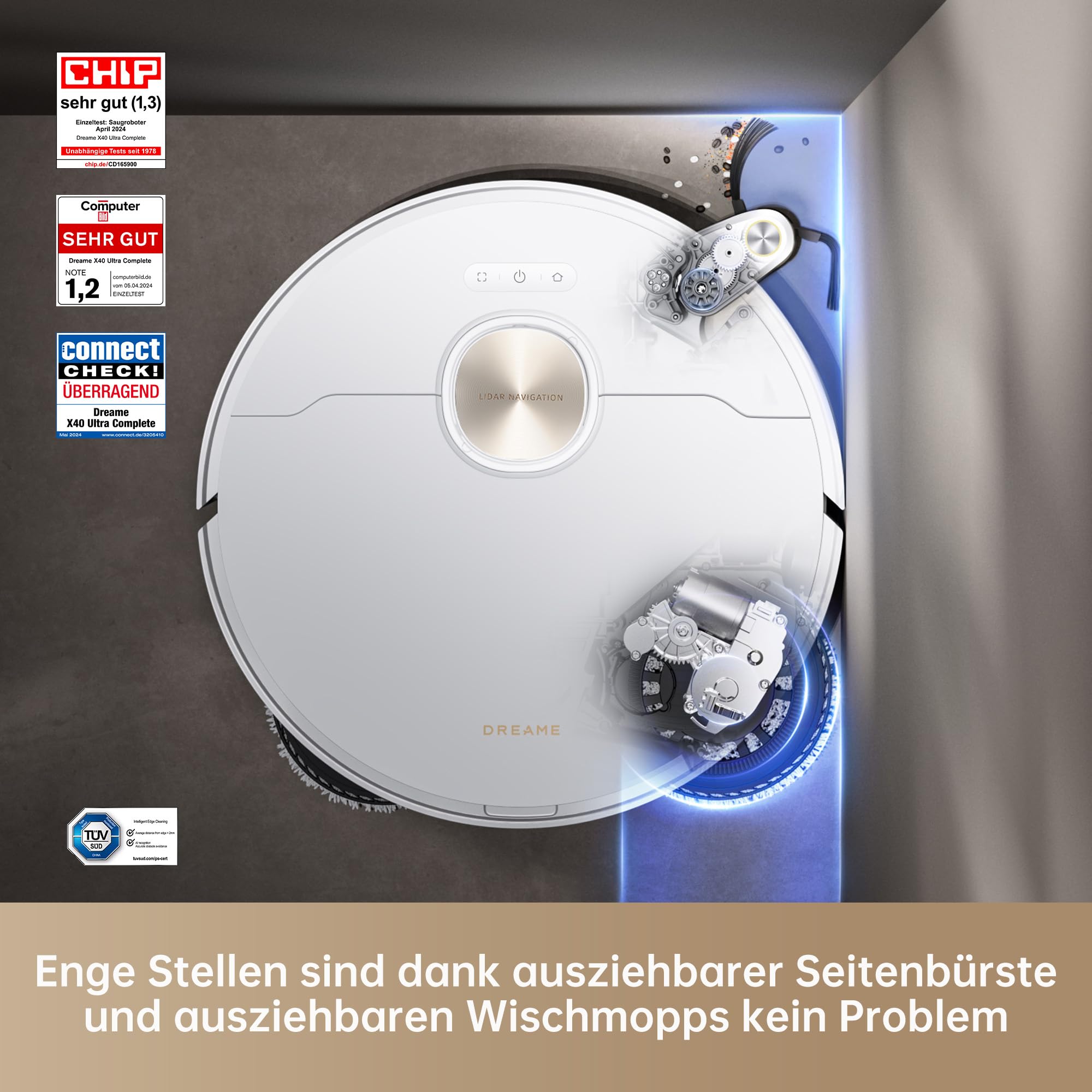 dreame X40 Ultra Complete Saugroboter mit Wischfunktion, 12.000Pa, 70°C Moppreinigung, Anti-Wirrwarr, Anhebbare Bürsten, Selbstreinigung
