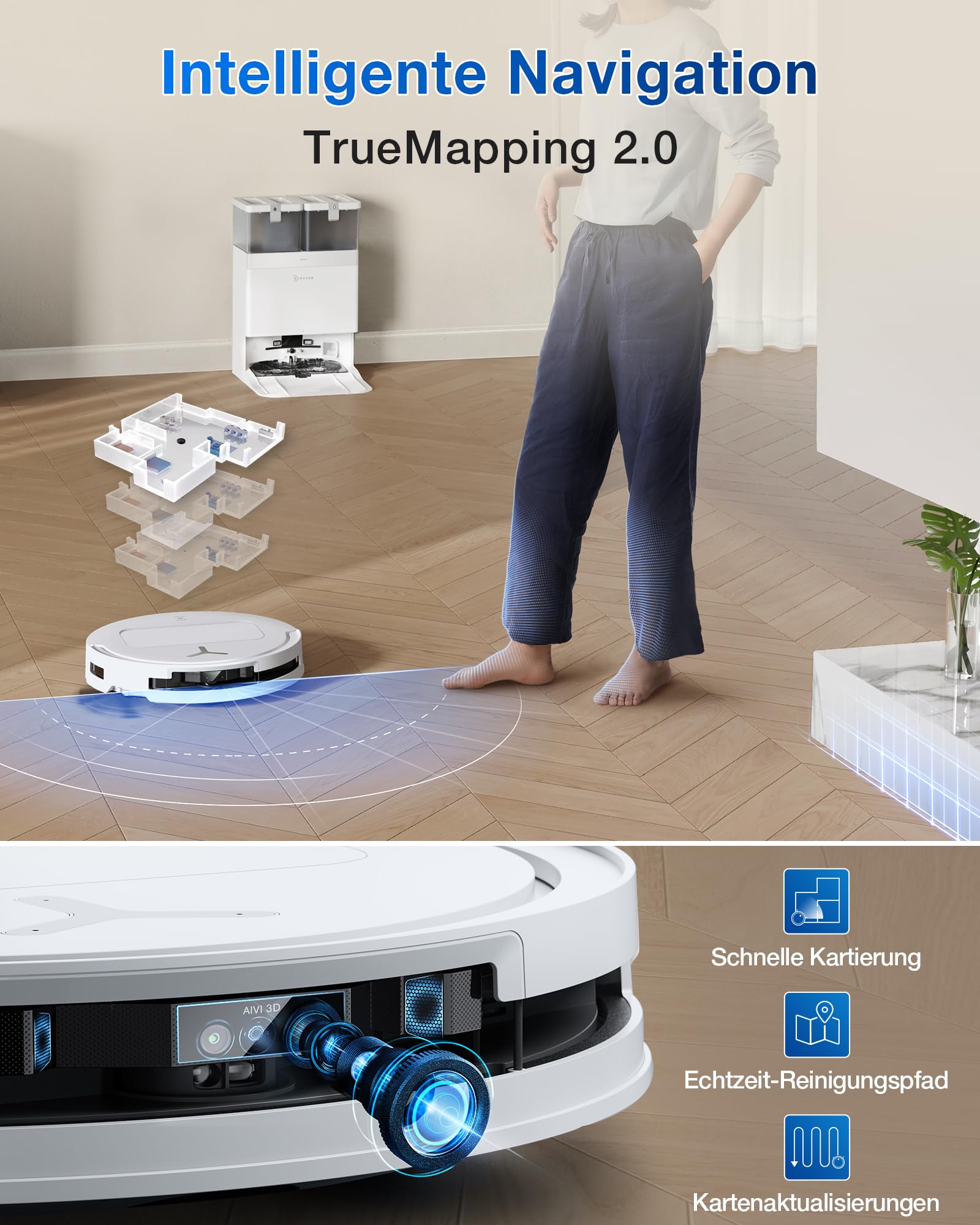 ECOVACS DEEBOT T50 Omni Saugroboter mit Wischfunktion, 15.000Pa, ZeroTangle 2.0, Ausziehbare Bürste, 75°C Moppreinigung, All-in-One-Station
