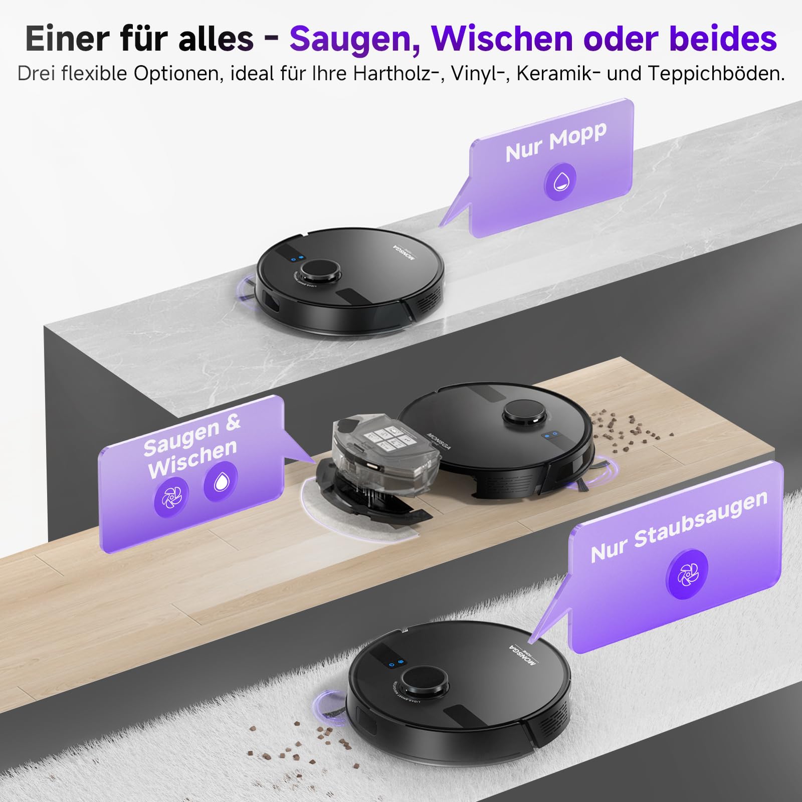 MONSGA Saugroboter mit Wischfunktion, 5000Pa, 3,5L Absaugstation, 180Min Laufzeit, LiDAR Navigation, Ideal für Teppiche, Tierhaare & Böden