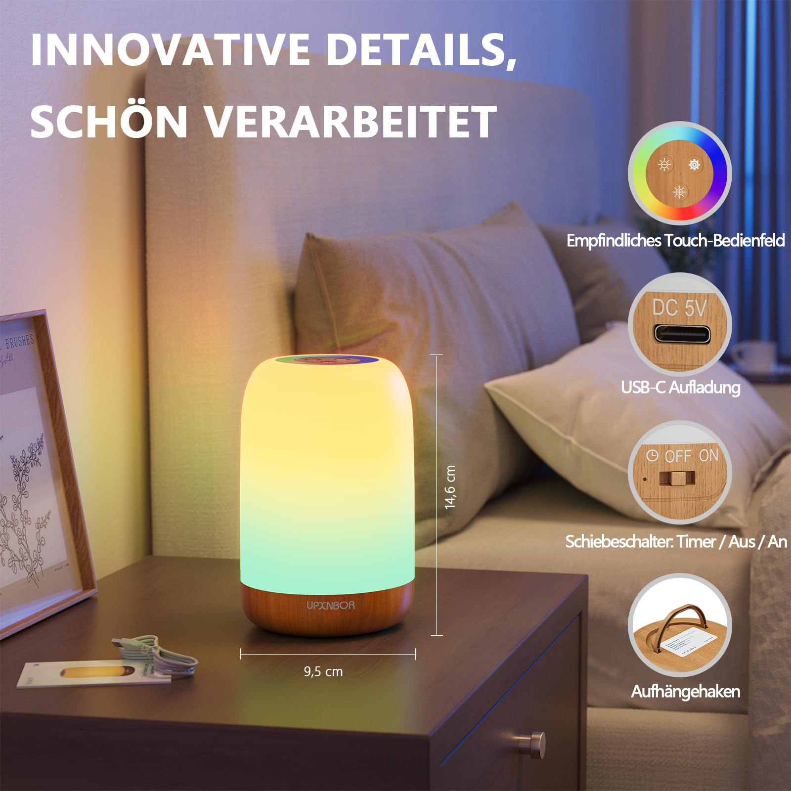 UPXNBOR LED Nachttischlampe Touch Dimmbar mit 256 RGB Farben & 4 Modi, Tischlampe Kabellos mit Timer & Haken