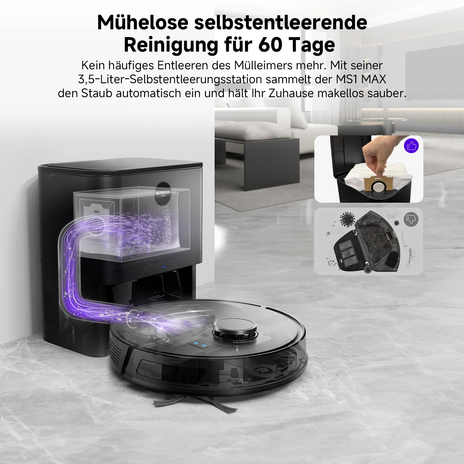MONSGA Saugroboter mit Wischfunktion, 5000Pa, 3,5L Absaugstation, 180Min Laufzeit, LiDAR Navigation, Ideal für Teppiche, Tierhaare & Böden