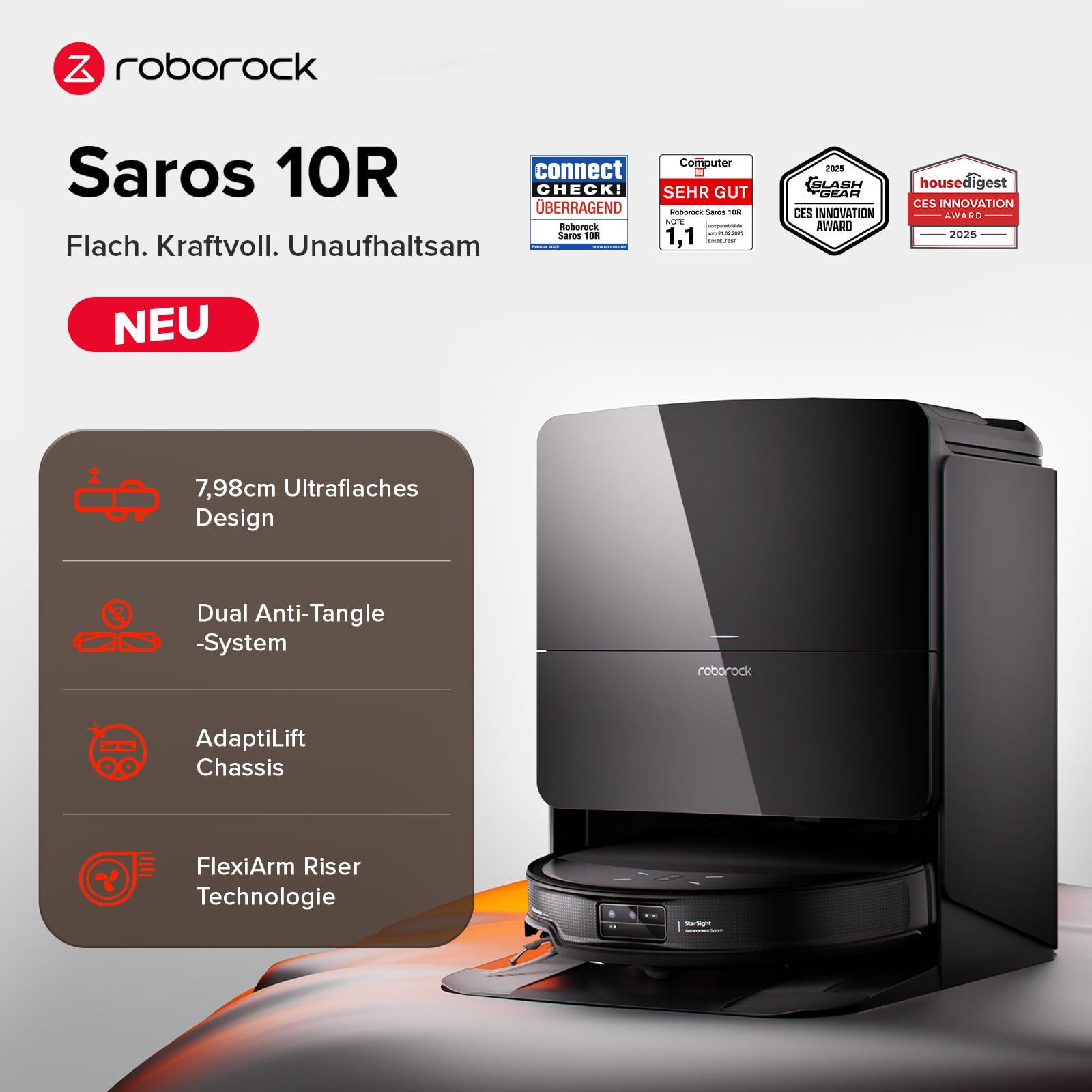 roborock Saros 10R Saugroboter mit Wischfunktion, 7,98cm Slim Design, StarSight 2.0 Navigation, Zero-Tangle System, Teppich & Hartböden