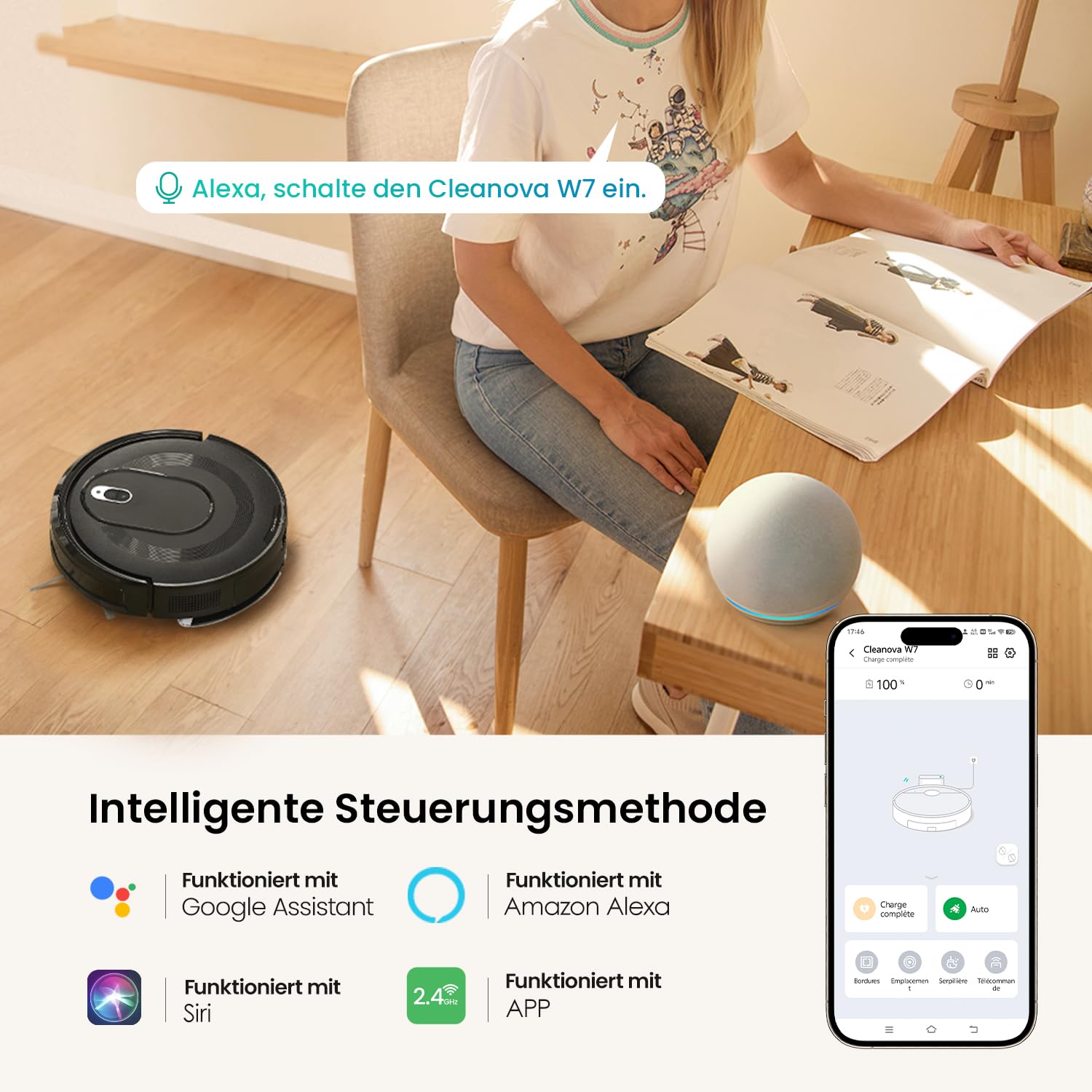 Vexilar W7 Saugroboter mit Wischfunktion, 4000Pa, Bürstenloses Düsendesign, 120Min Laufzeit, Leise, Tierhaar- & Teppichreinigung, Hartböden