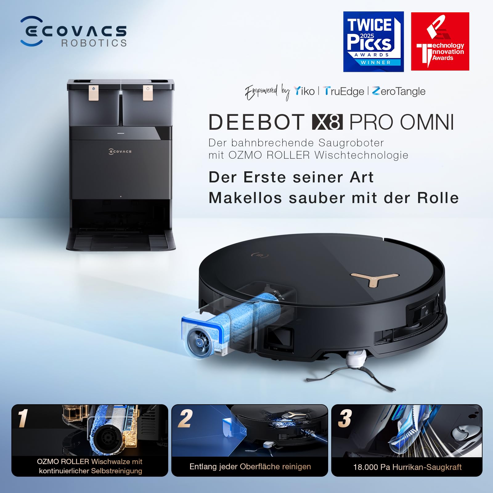 ECOVACS DEEBOT X8 PRO Omni Saugroboter mit Wischfunktion, 18.000Pa, OZMO Roller, 12-in-1 Station, YIKO-GPT Sprachsteuerung, Moppreinigung