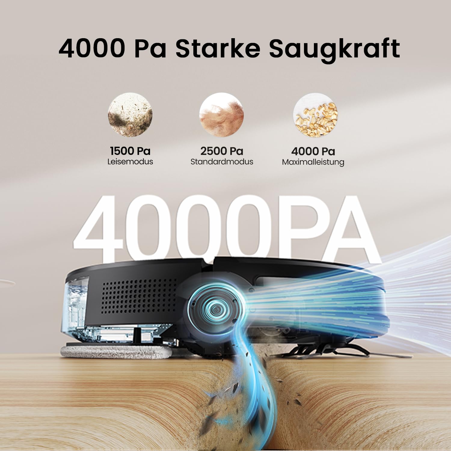 Vexilar W7 Saugroboter mit Wischfunktion, 4000Pa, Bürstenloses Düsendesign, 120Min Laufzeit, Leise, Tierhaar- & Teppichreinigung, Hartböden