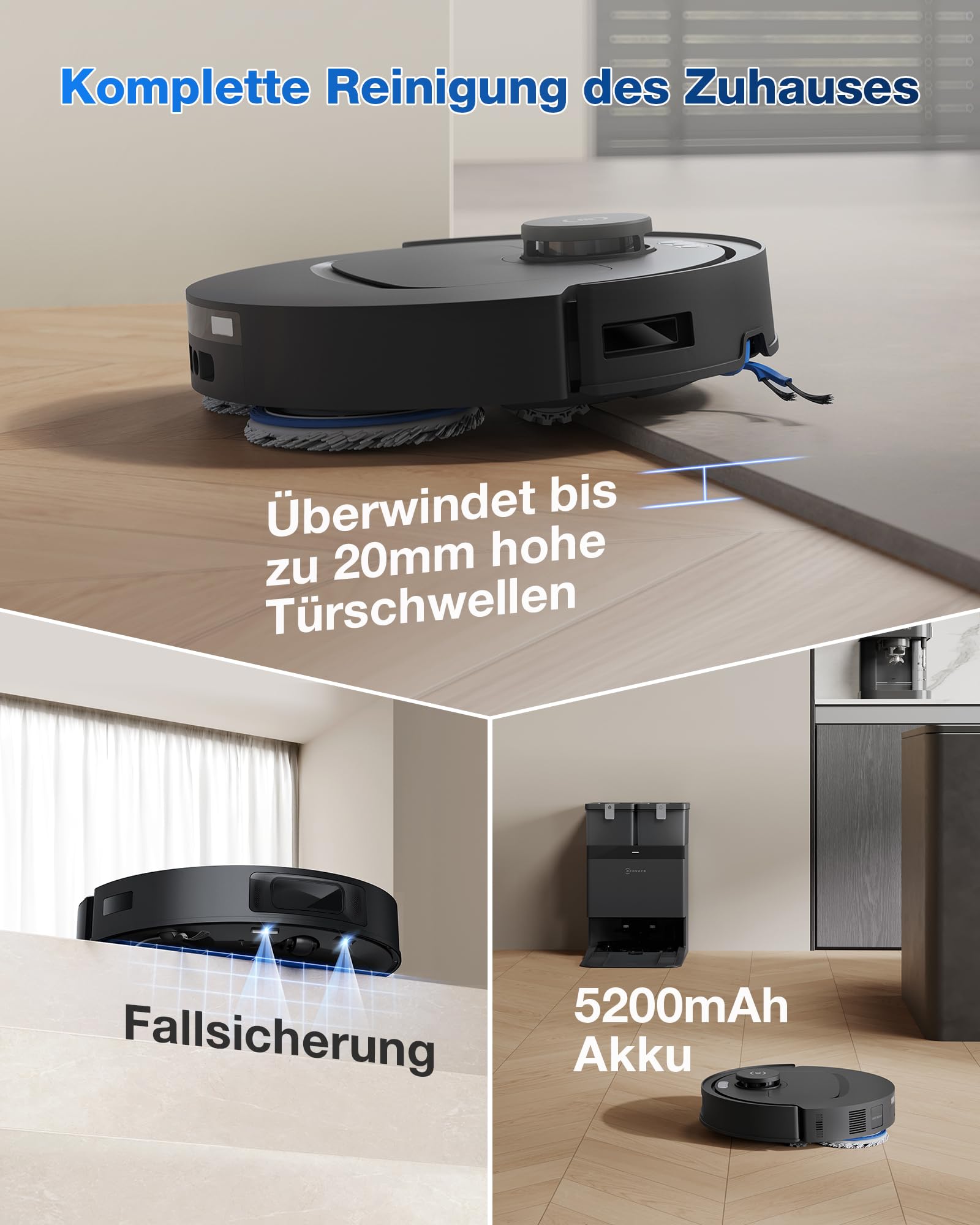 ECOVACS DEEBOT T30C Omni Saugroboter mit Wischfunktion, 20.000Pa, OZMO Turbo 2.0, ZeroTangle 3.0, TruEdge 2.0, 75°C Moppreinigung, Schwarz