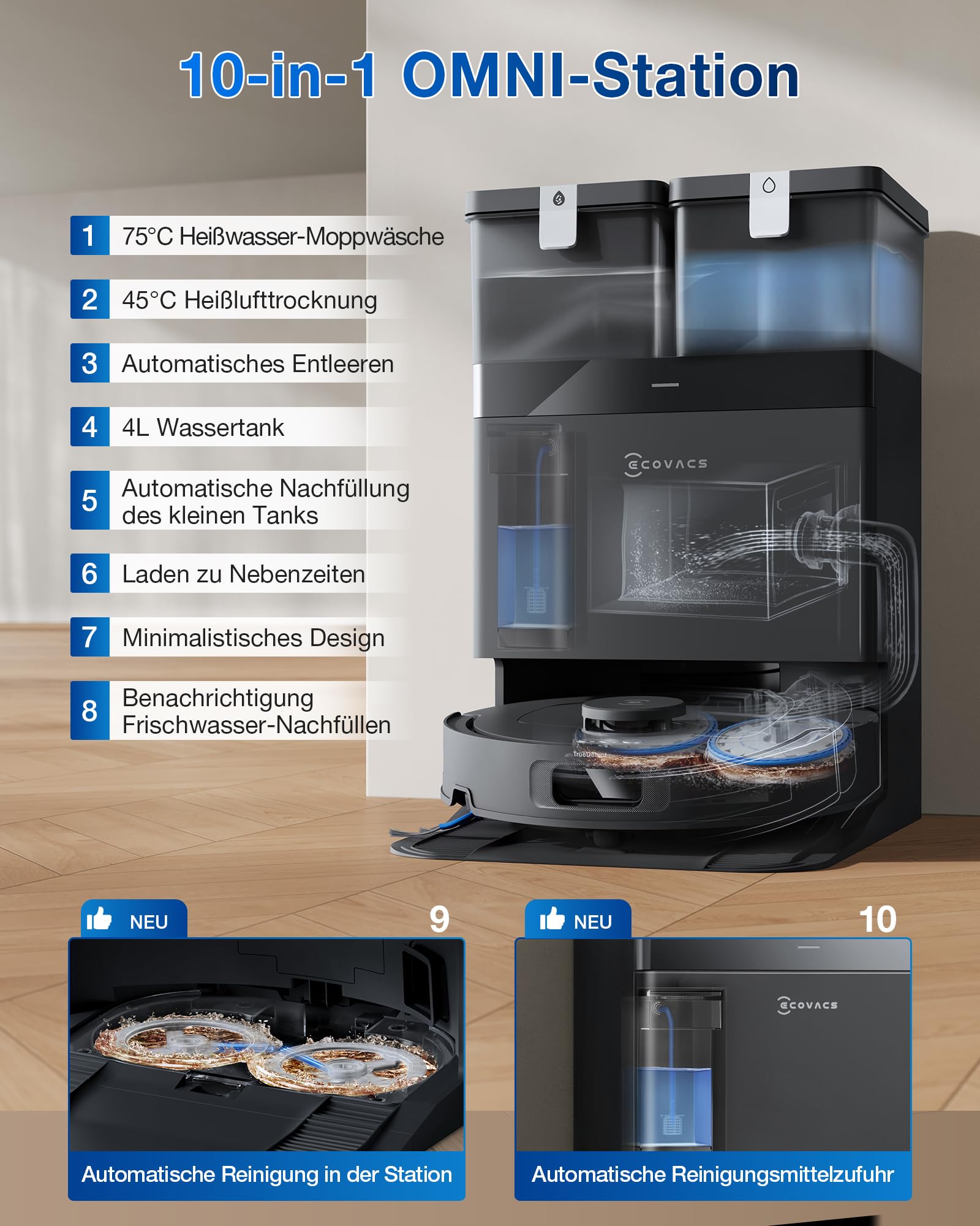 ECOVACS DEEBOT T30C Omni Saugroboter mit Wischfunktion, 20.000Pa, OZMO Turbo 2.0, ZeroTangle 3.0, TruEdge 2.0, 75°C Moppreinigung, Schwarz