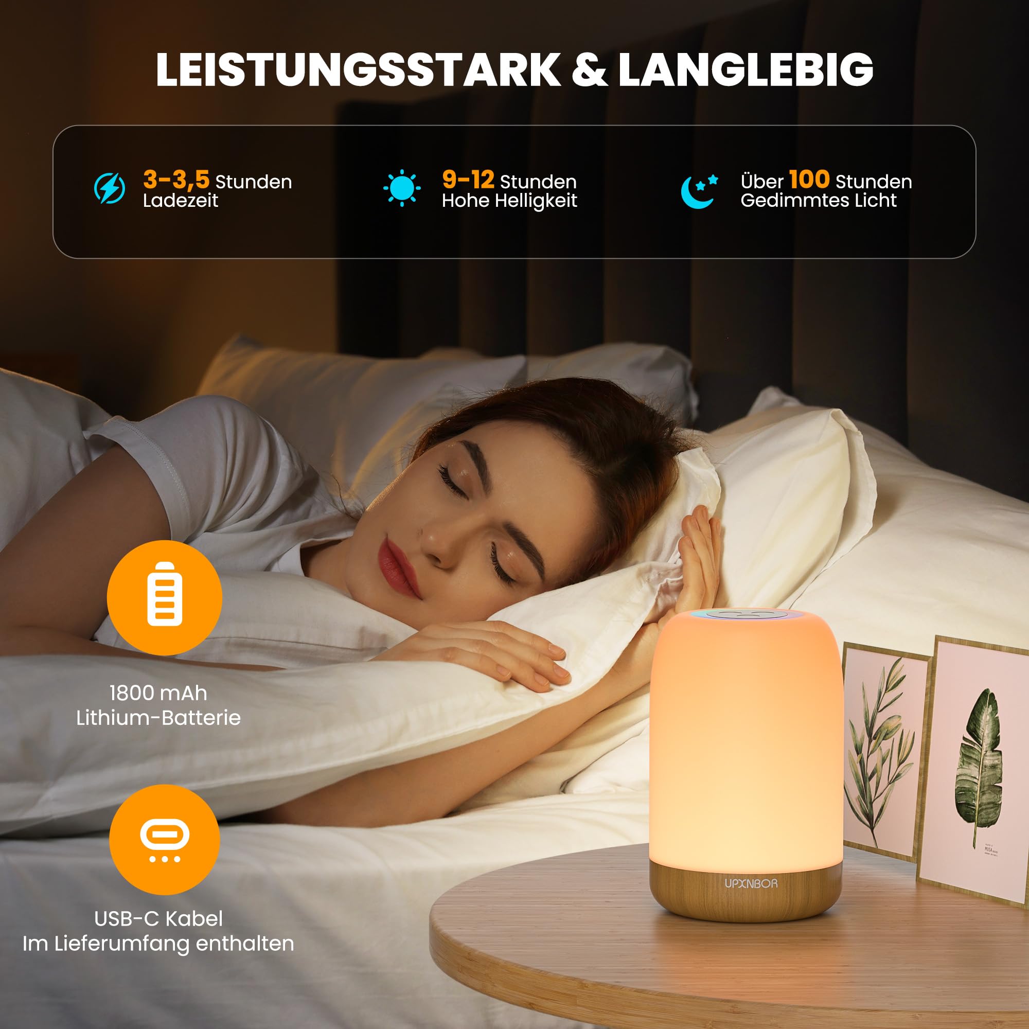 UPXNBOR LED Nachttischlampe Touch Dimmbar mit 256 RGB Farben & 4 Modi, Tischlampe Kabellos mit Timer & Haken