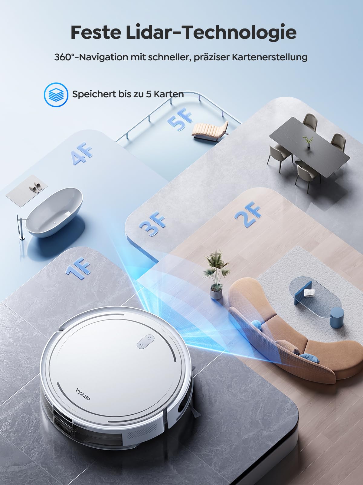 Vyzzle 5000Pa Saugroboter mit Wischfunktion, 3-in-1, Ultradünn, LDS Navigation, App & Alexa Steuerung, Ideal für Tierhaare, Teppich, Böden