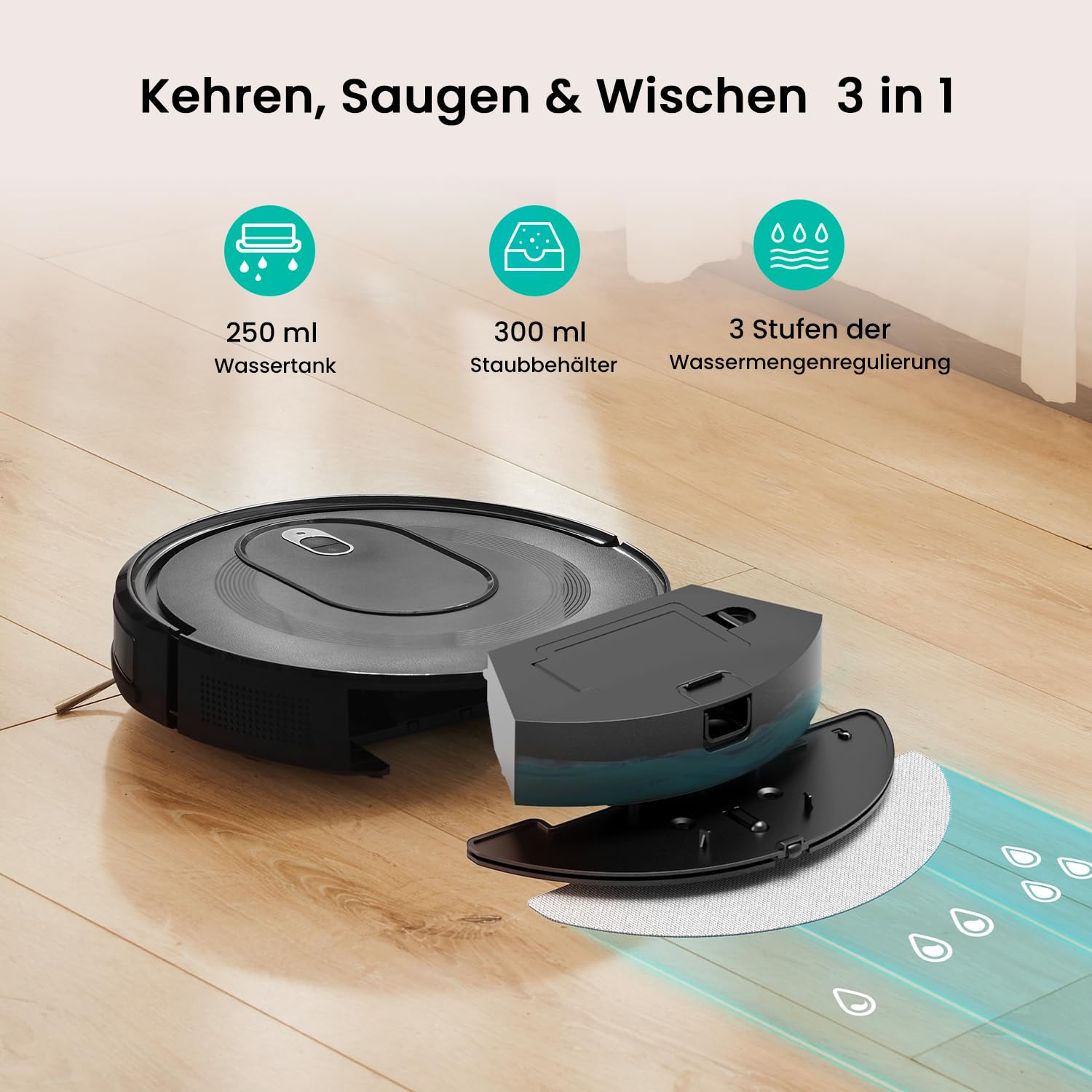 Vexilar W7 Saugroboter mit Wischfunktion, 4000Pa, Bürstenloses Düsendesign, 120Min Laufzeit, Leise, Tierhaar- & Teppichreinigung, Hartböden