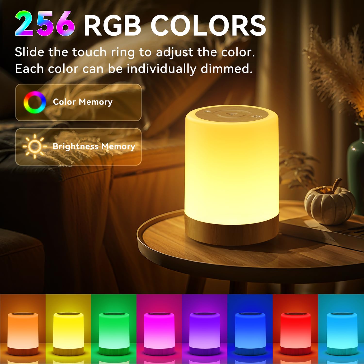 Auxmir Nachtlicht Nachttischlampe Touch Dimmbar mit 256 RGB Farben 5 Modi, 3000mAh Tischlampe Kabellos USB Aufladbar