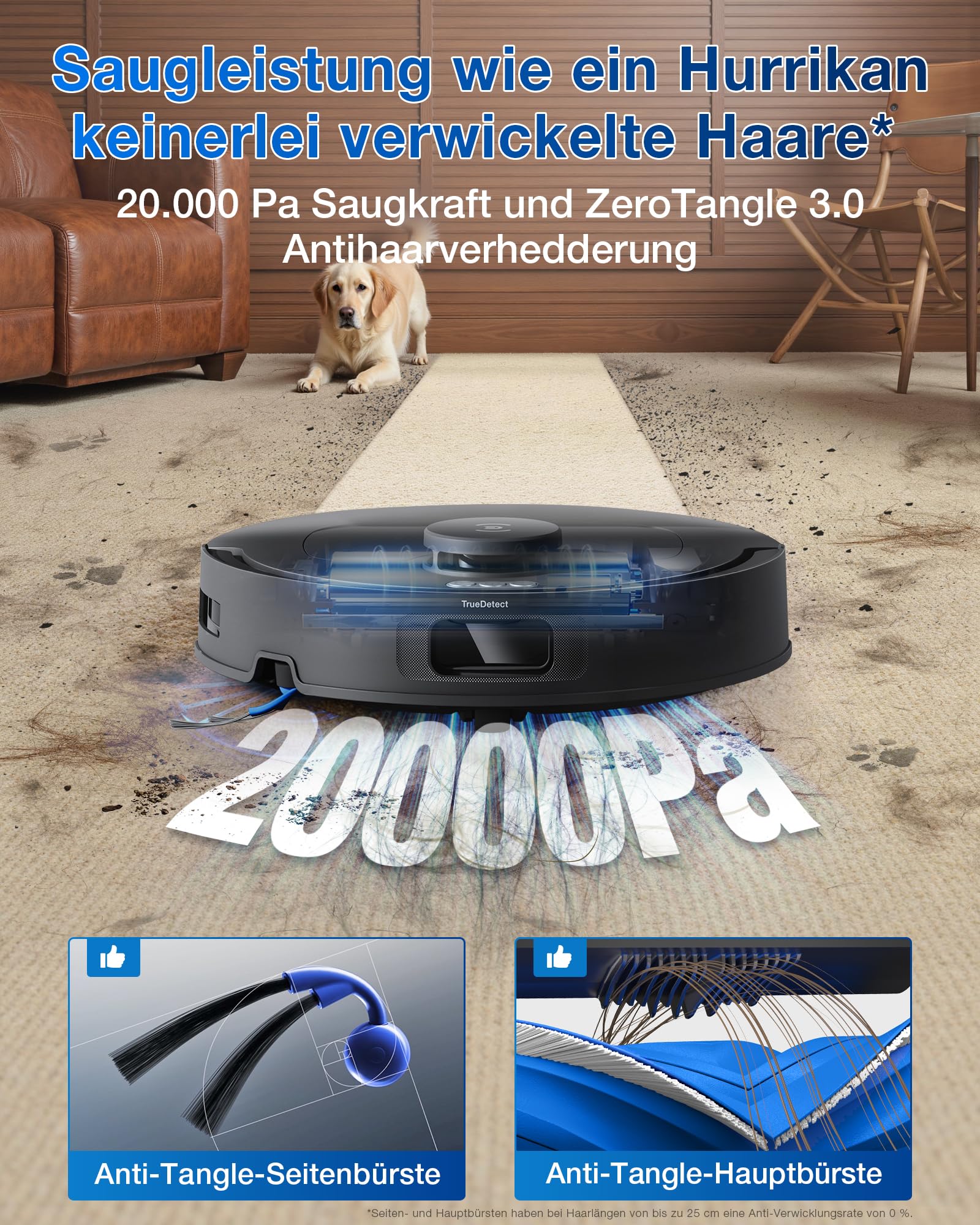 ECOVACS DEEBOT T30C Omni Saugroboter mit Wischfunktion, 20.000Pa, OZMO Turbo 2.0, ZeroTangle 3.0, TruEdge 2.0, 75°C Moppreinigung, Schwarz