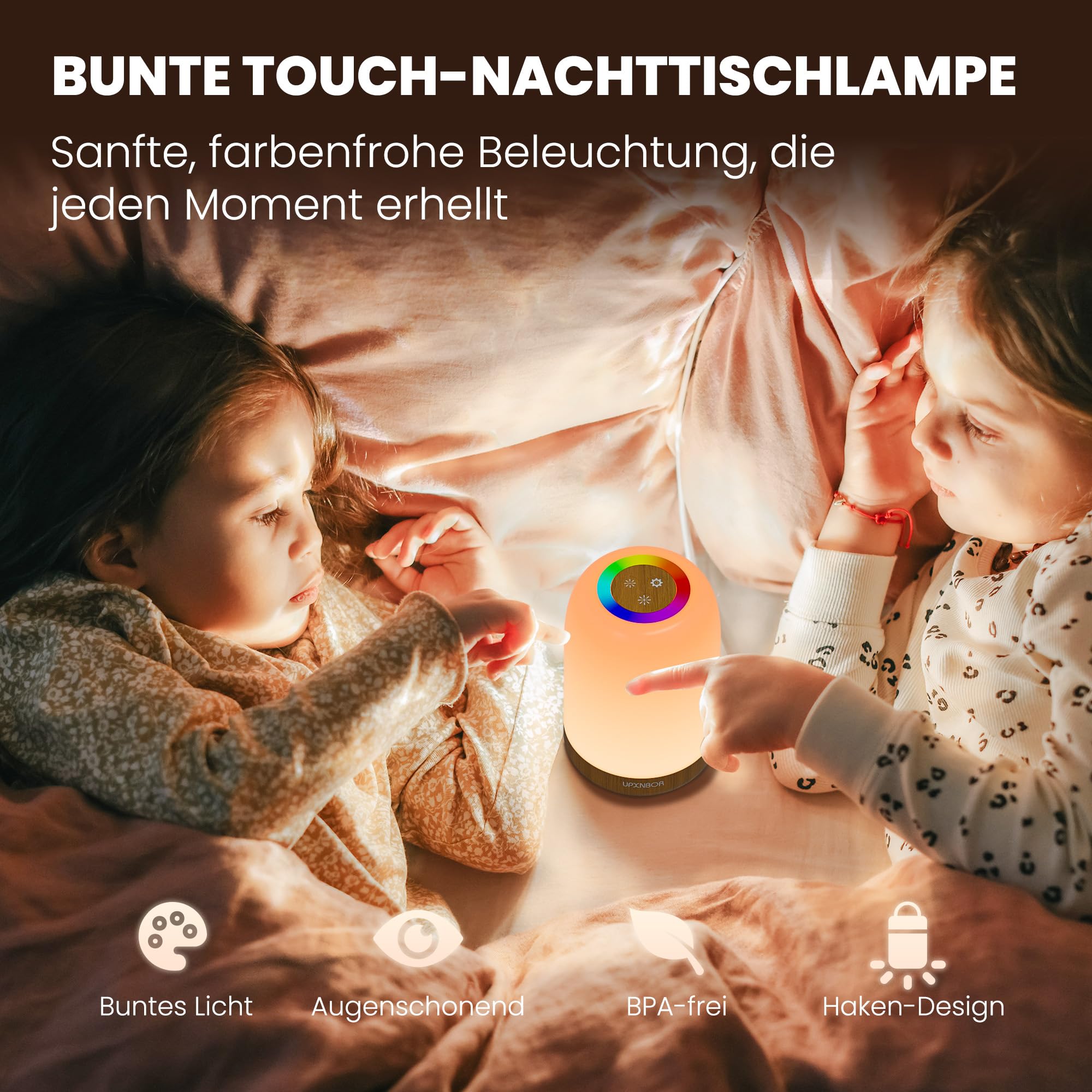 UPXNBOR LED Nachttischlampe Touch Dimmbar mit 256 RGB Farben & 4 Modi, Tischlampe Kabellos mit Timer & Haken