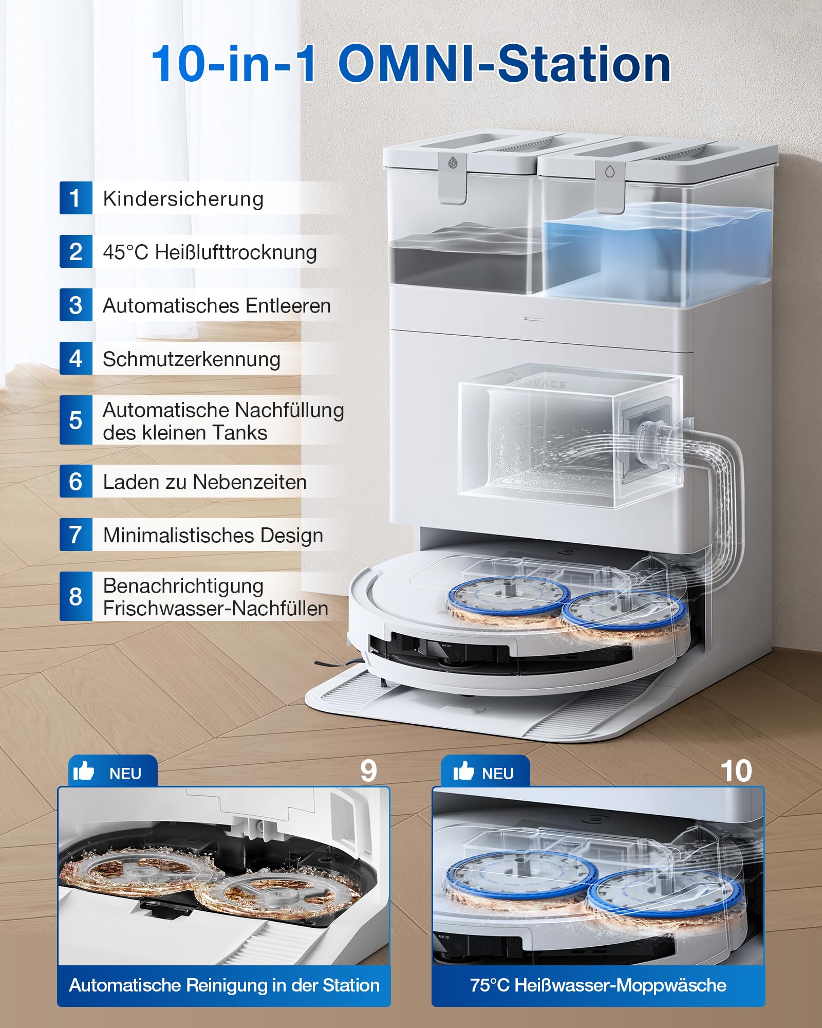 ECOVACS DEEBOT T50 Omni Saugroboter mit Wischfunktion, 15.000Pa, ZeroTangle 2.0, Ausziehbare Bürste, 75°C Moppreinigung, All-in-One-Station